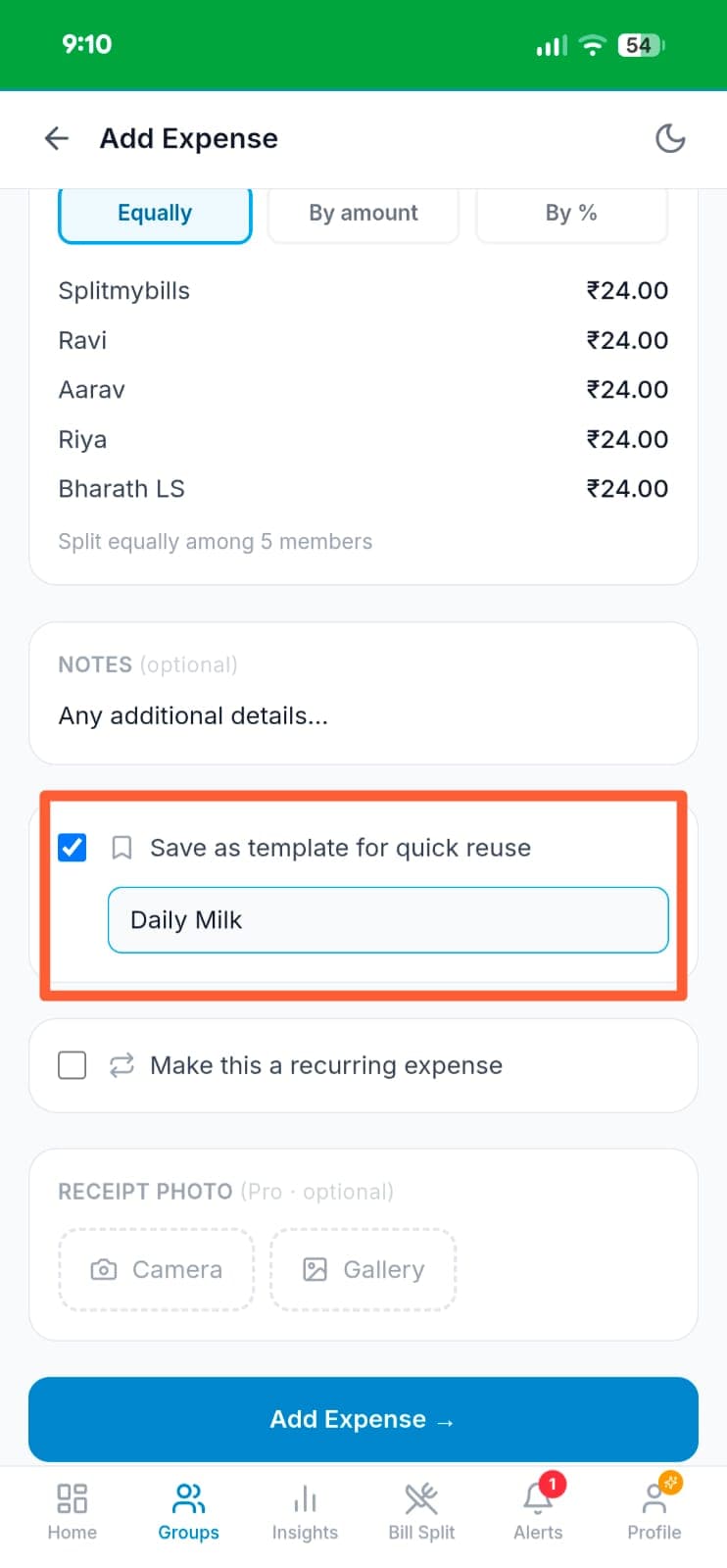 Add Expense screen with Save as template checked and Daily Milk typed as the template name, split equally among 5 members at ₹24 each