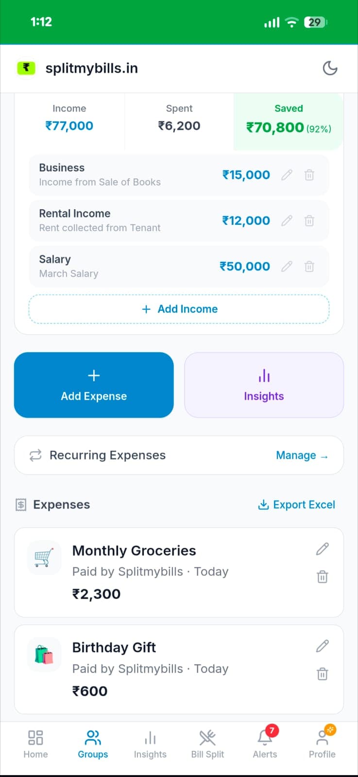 Group page showing ₹77,000 income, ₹6,200 spent, ₹70,800 saved (92%) with income entries (Business, Rental, Salary) and expenses listed below