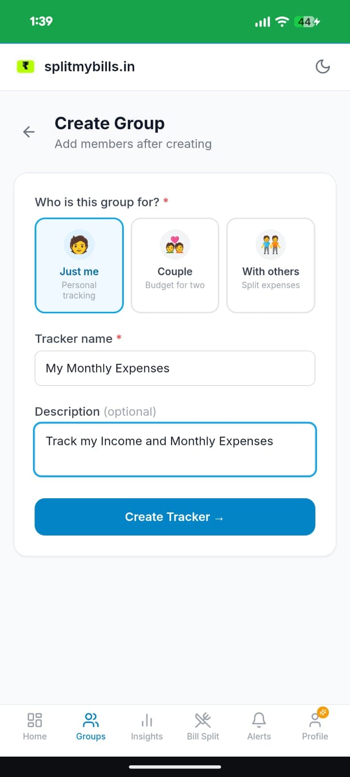 Create Group screen with "Just me" selected, tracker named "My Monthly Expenses"