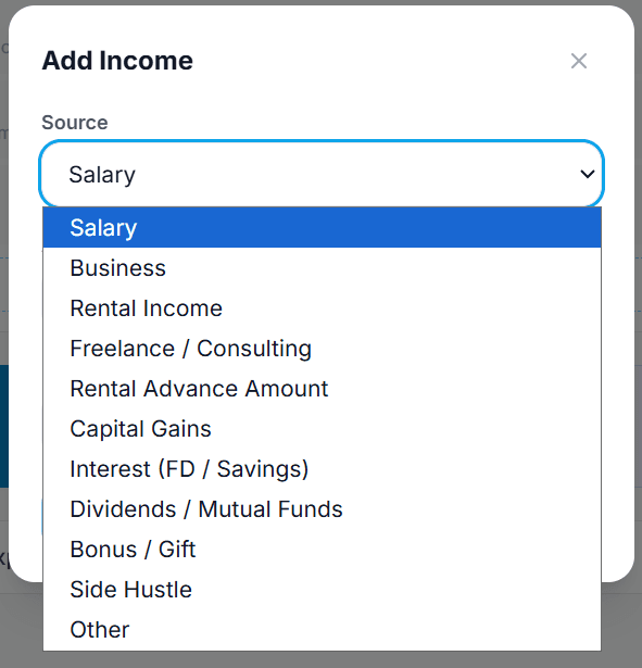 Add Income sheet with source dropdown open showing all income types including Salary, Business, Rental Income, Freelance