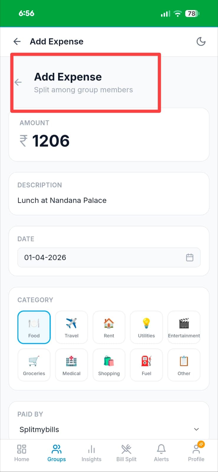 Add Expense screen showing amount ₹1206, description Lunch at Nandana Palace, date 01-04-2026 and Food category selected