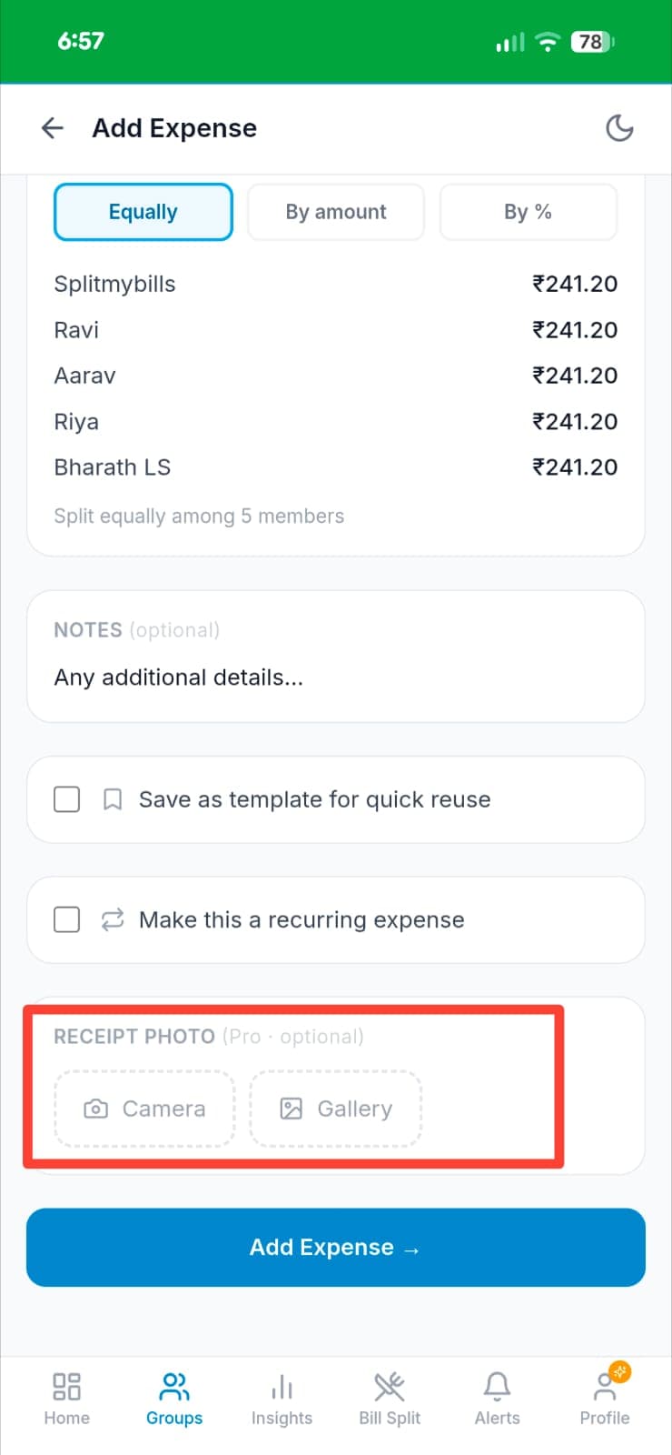 Add Expense form showing Receipt Photo section with Camera and Gallery buttons highlighted