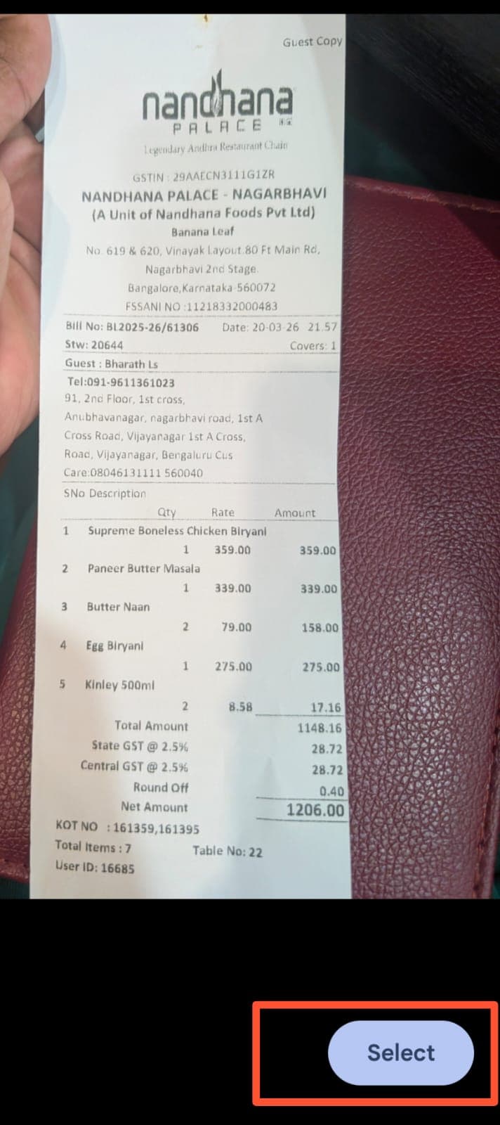 Phone gallery showing Nandhana Palace restaurant receipt selected with the Select button highlighted