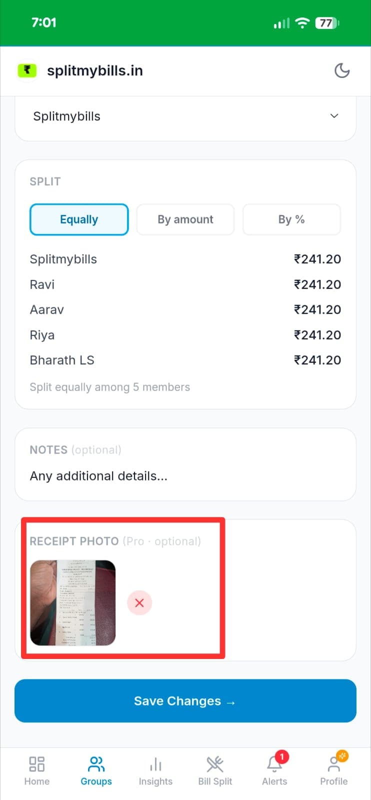 Add Expense form showing receipt thumbnail attached in the Receipt Photo section before saving
