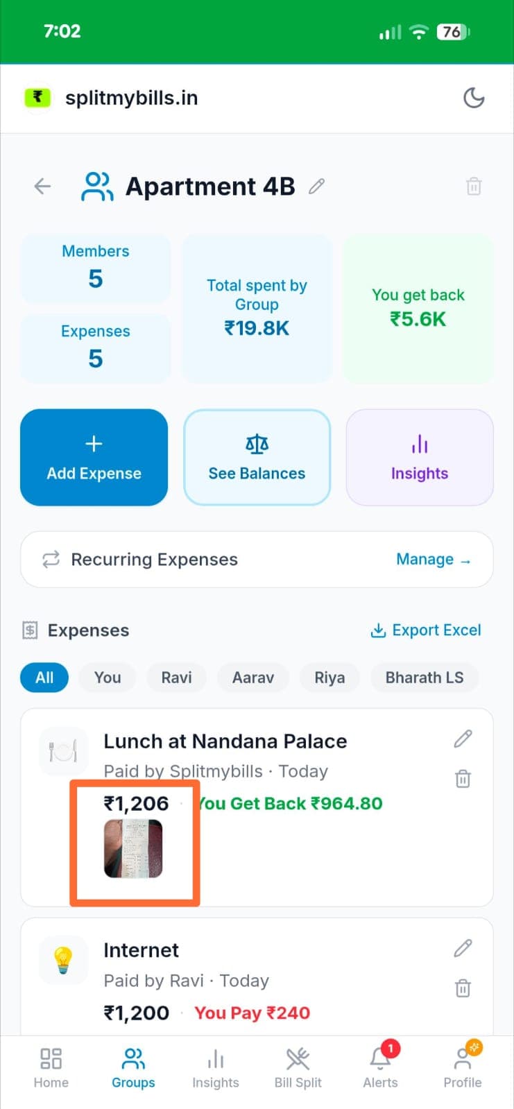 Apartment 4B group page showing Lunch at Nandana Palace expense with receipt thumbnail attached