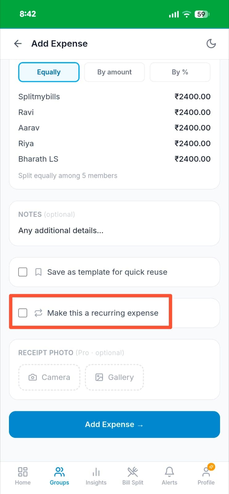 Add Expense screen showing Monthly Rent ₹12,000 split equally — each of 5 members pays ₹2,400 — with the Make this a recurring expense checkbox highlighted