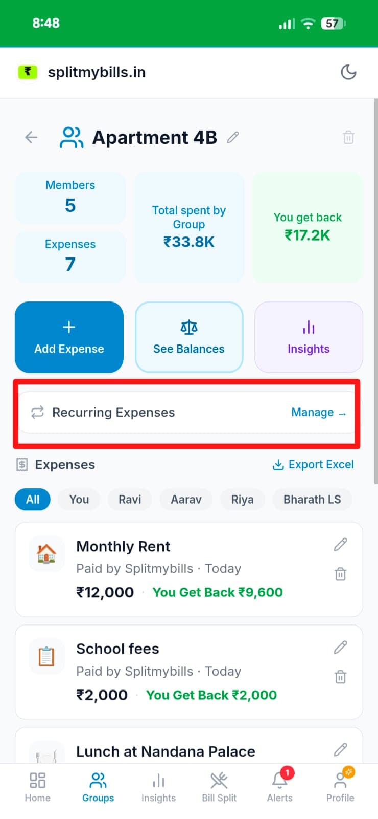 Apartment 4B group page showing Monthly Rent ₹12,000 auto-created today with You Get Back ₹9,600, and the Recurring Expenses Manage shortcut highlighted