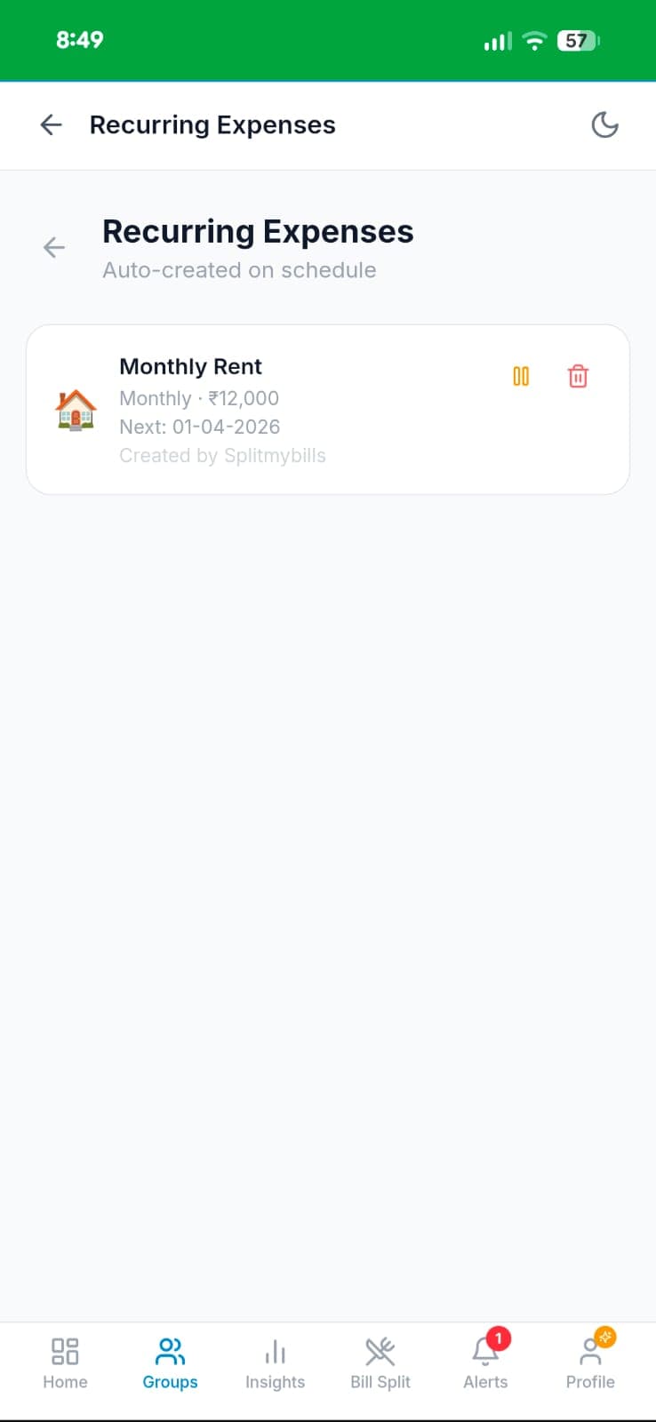 Recurring Expenses management screen showing Monthly Rent: Monthly · ₹12,000 · Next: 01-04-2026 · Created by Splitmybills, with pause and delete buttons