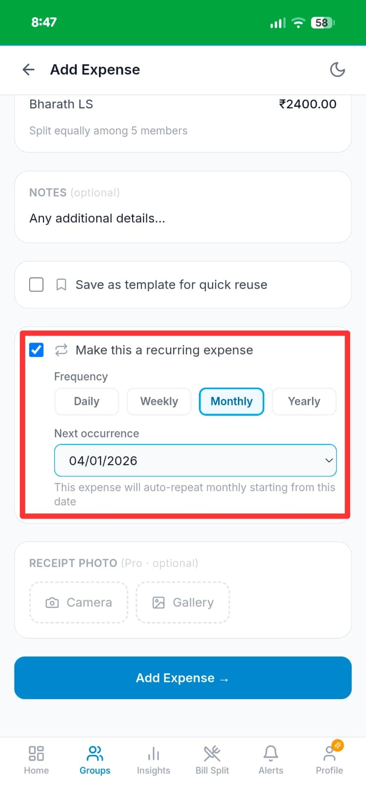Add Expense screen showing Monthly Rent ₹12,000 split equally among 5 members with Make this a recurring expense checked, Monthly frequency selected, and next occurrence set to 04/01/2026
