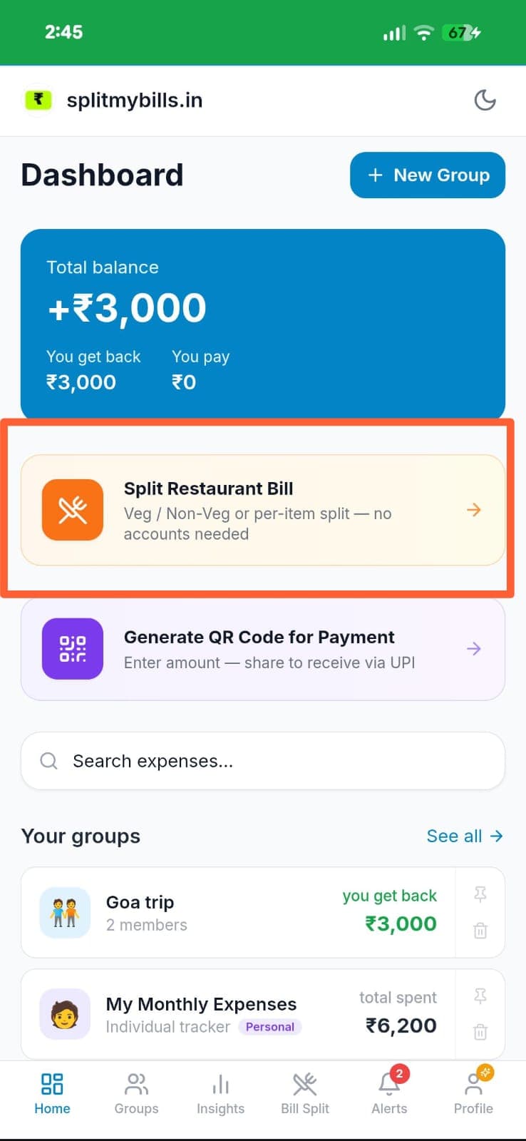 Dashboard showing the Split Restaurant Bill card with orange icon
