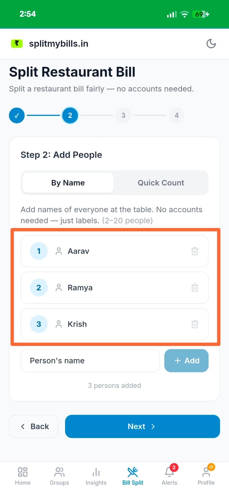 Add People screen with Aarav, Ramya, and Krish added by name