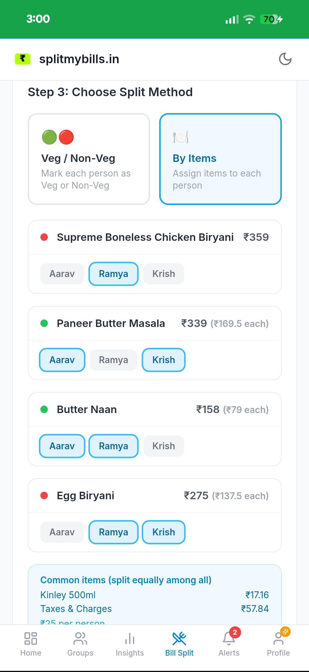 By Items split screen showing dishes assigned to specific people with shared items highlighted