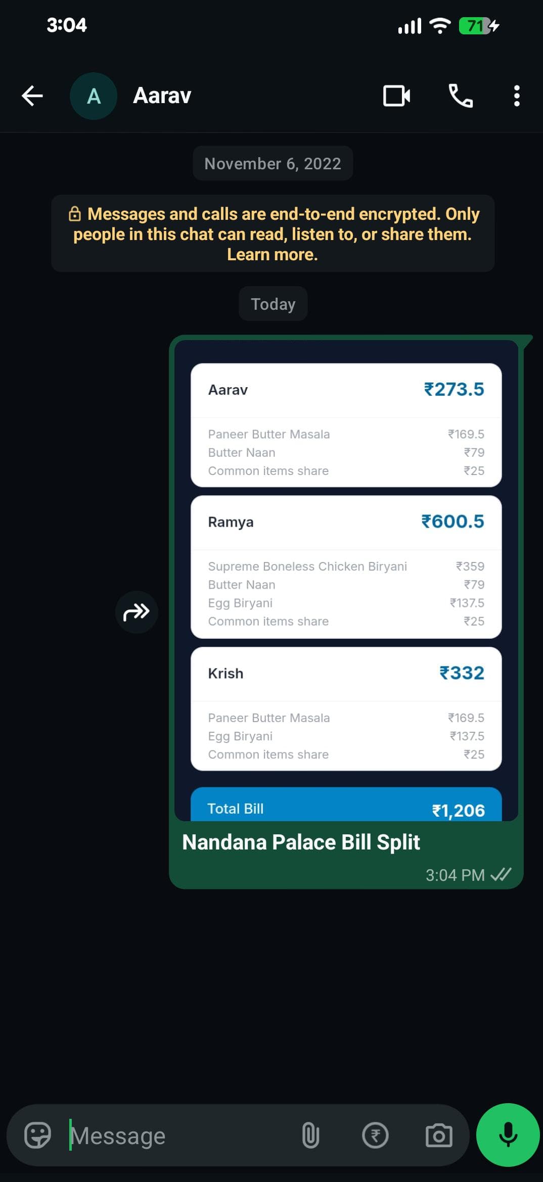 WhatsApp chat showing the Nandhana Palace bill split sent as a text message to Aarav