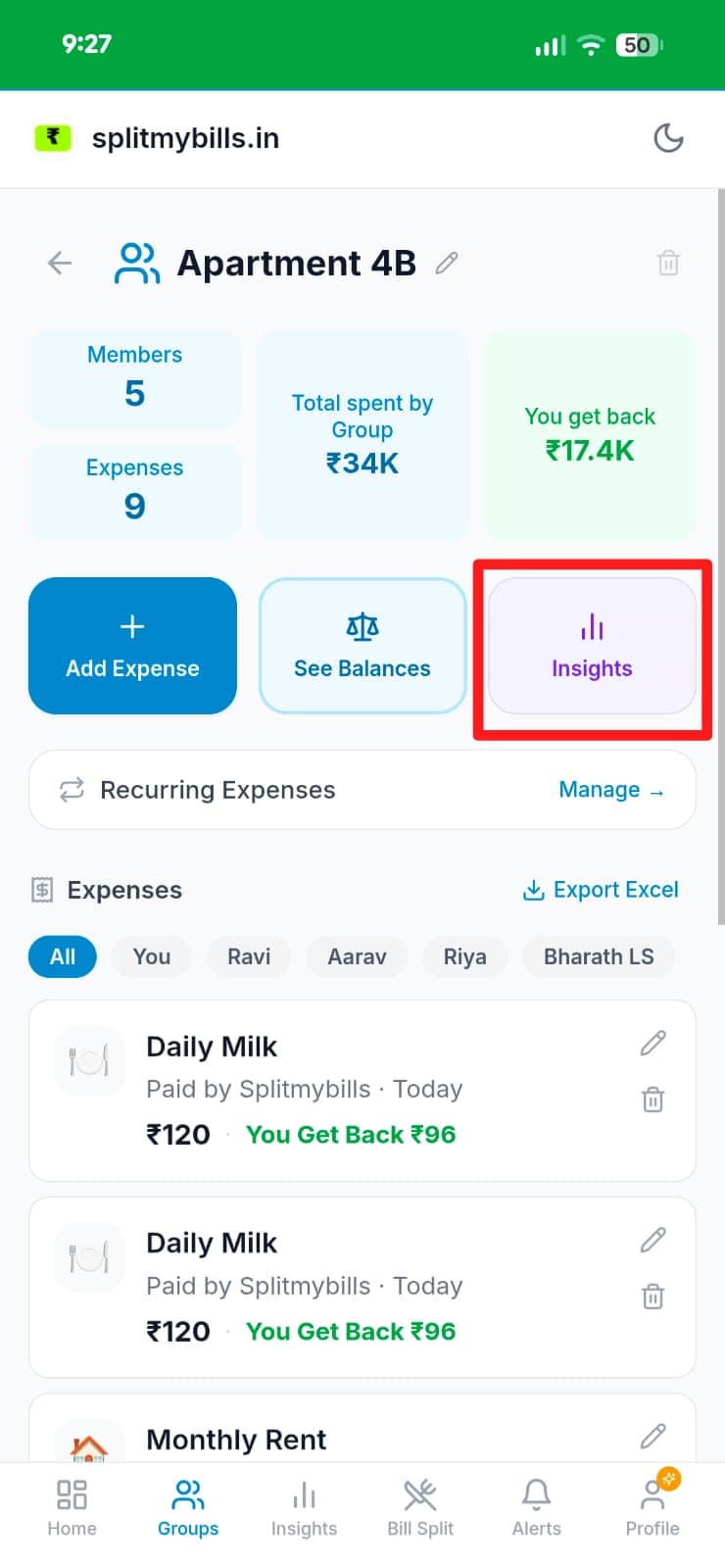 Apartment 4B group page showing Members 5, Total spent ₹34K, You get back ₹17.4K, with the Insights button highlighted in red