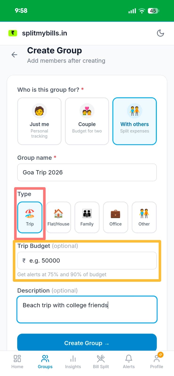 Create Group screen showing Trip type selected, group name Goa Trip 2026, Trip Budget field highlighted, and description Beach trip with college friends