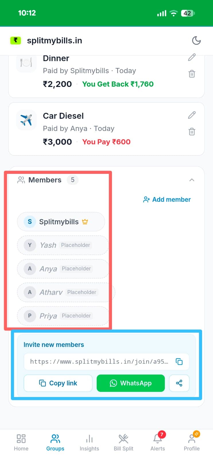 Group page showing Members section with Splitmybills and four placeholder members, and Invite new members section with Copy link and WhatsApp share buttons