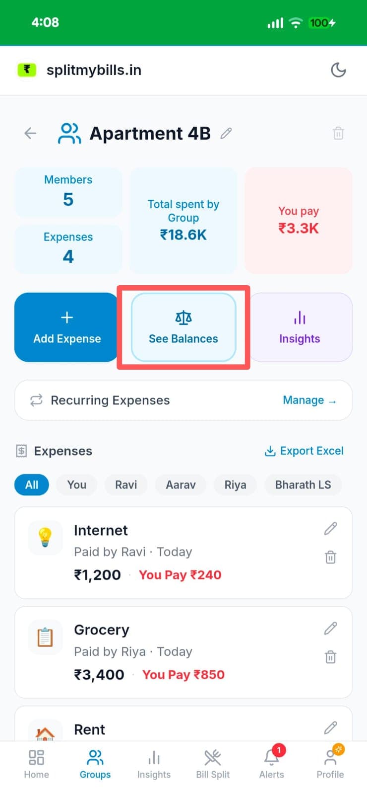 Apartment 4B group page showing total spent ₹18.6K, You pay ₹3.3K, with See Balances button highlighted