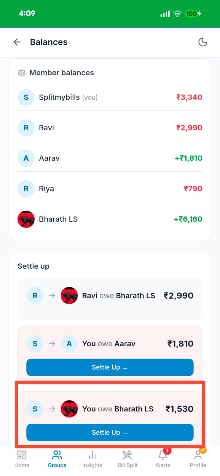 Balances page showing member balances and settle up section with You owe Bharath LS ₹1,530 highlighted