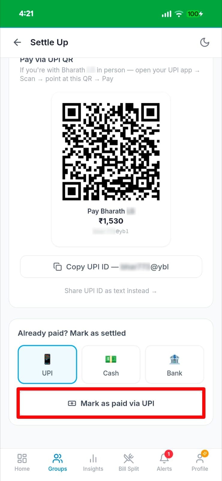 Settle Up screen showing UPI QR code for ₹1,530, Copy UPI ID button, and Mark as paid via UPI option