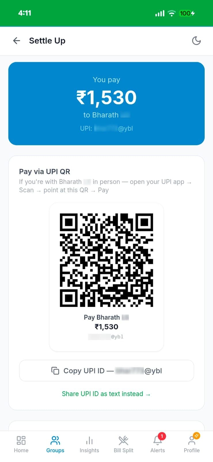 Settle Up screen showing You pay ₹1,530 to Bharath with UPI QR code and Copy UPI ID option