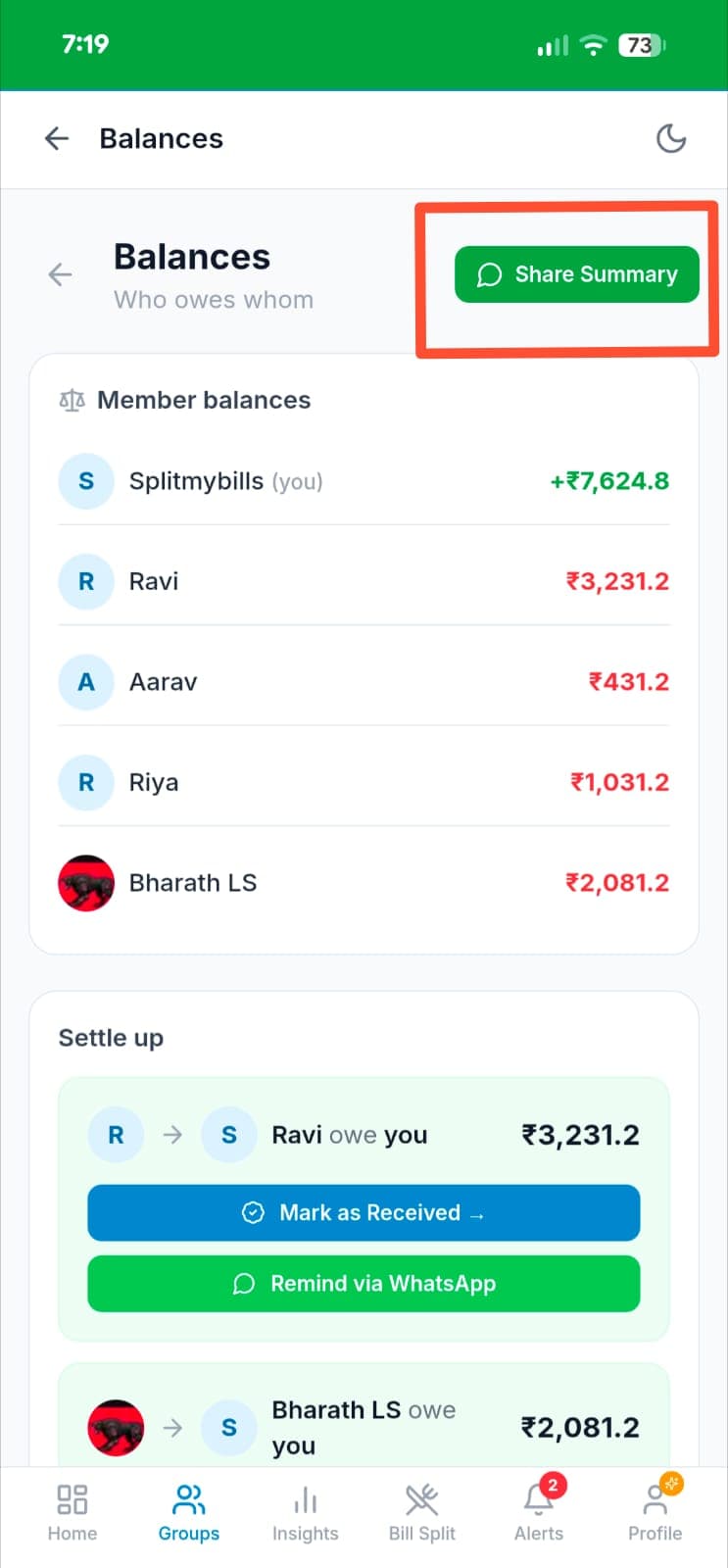 Balances page showing member balances for Apartment 4B with Share Summary button highlighted in green