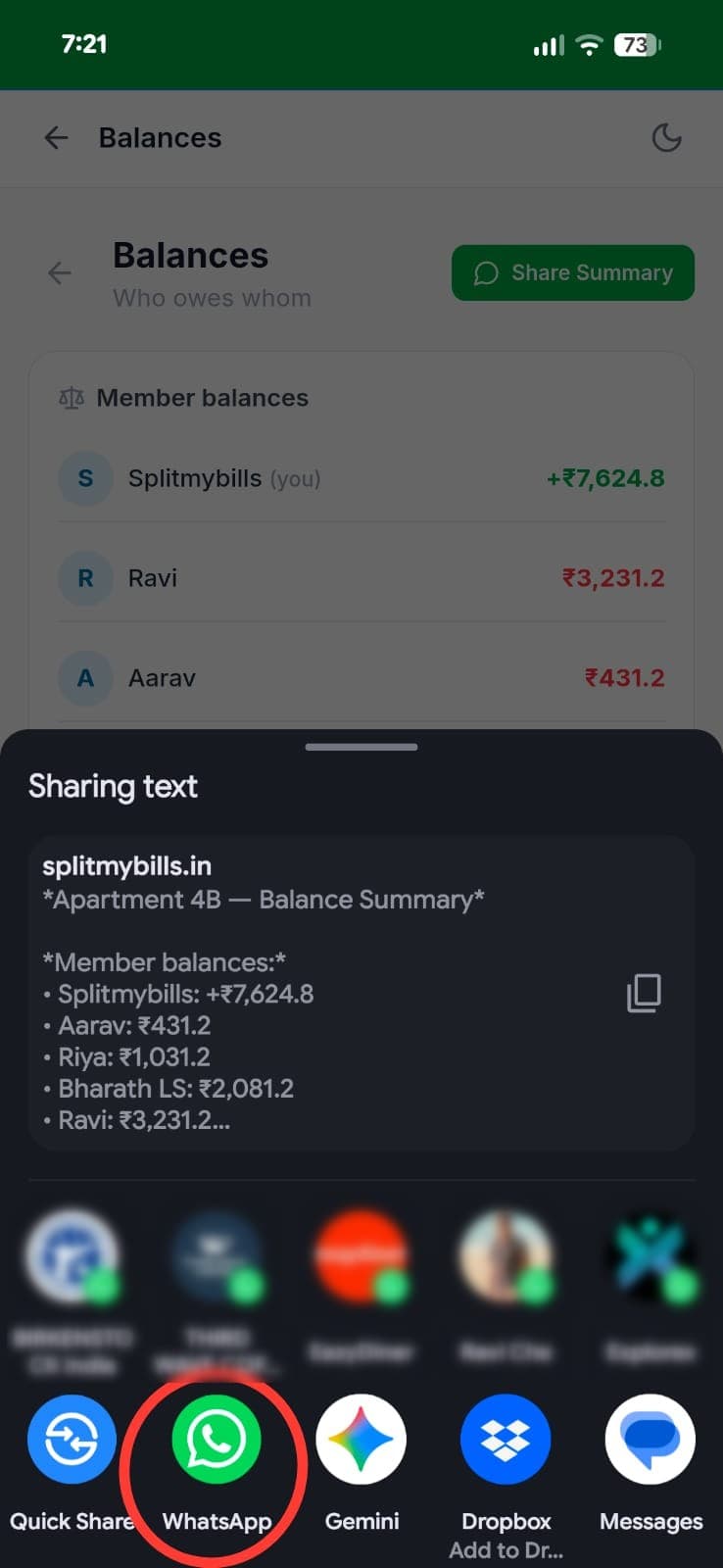 Android share sheet showing the balance summary text with WhatsApp icon circled