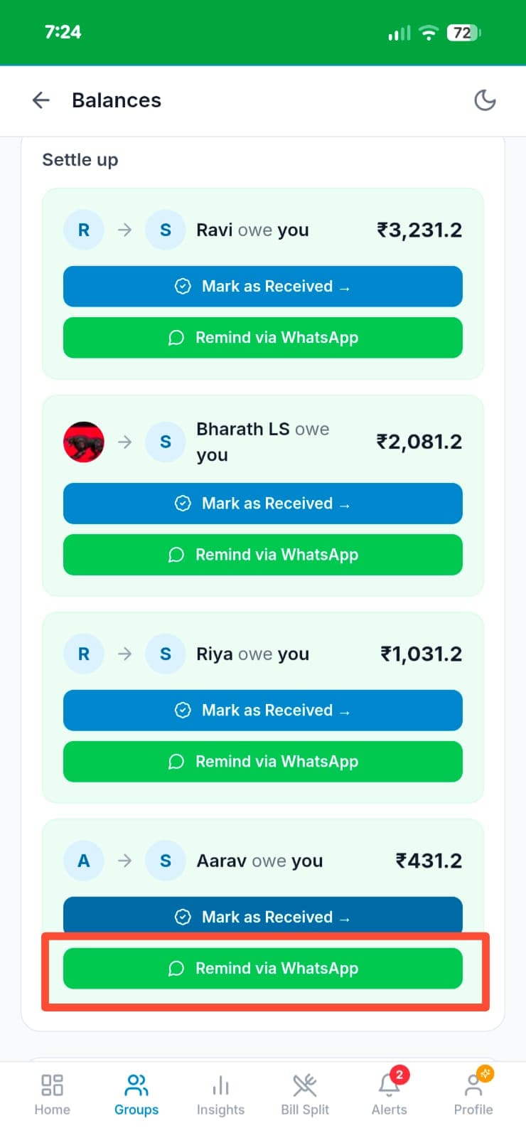Settle up section showing Remind via WhatsApp buttons for Ravi, Bharath LS, Riya and Aarav