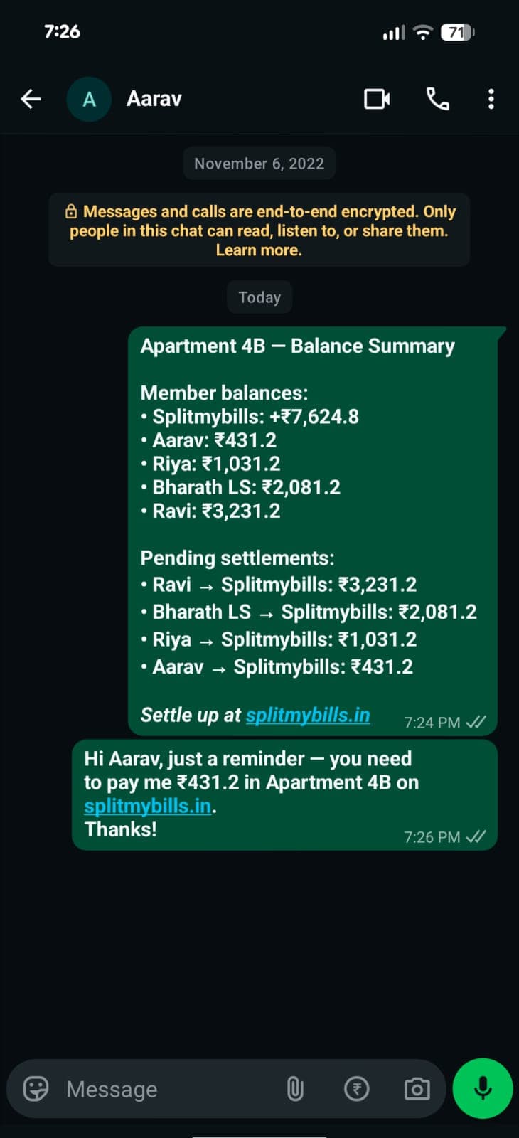 WhatsApp chat with Aarav showing the Apartment 4B balance summary and personal reminder to pay ₹431.2